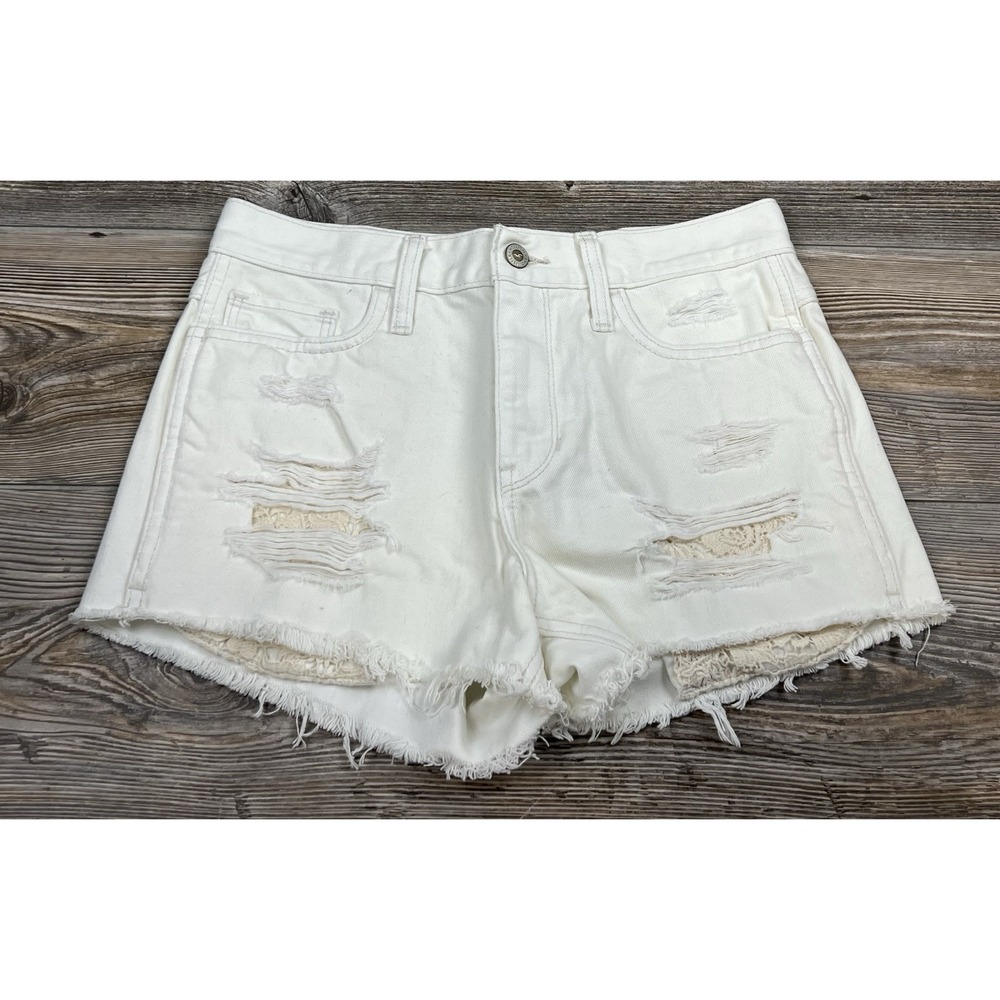 Hollister Jean Shorts Womens 3  Ivory High Rise Short-Short Distressed Denim
